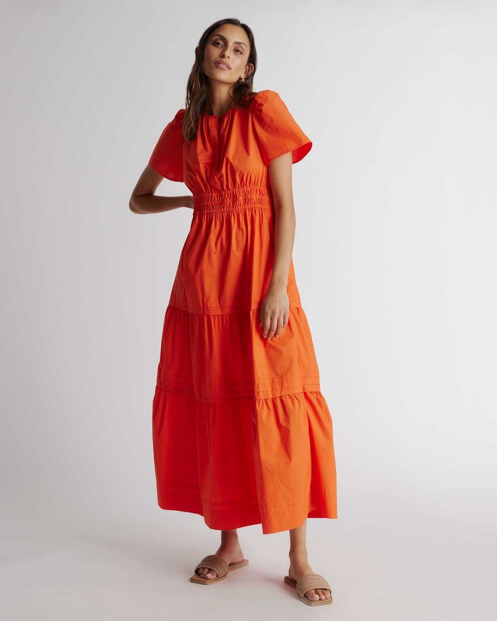 Quince 100% Organic Cotton Poplin Tiered Maxi Dress Vermillion Red Small NWT